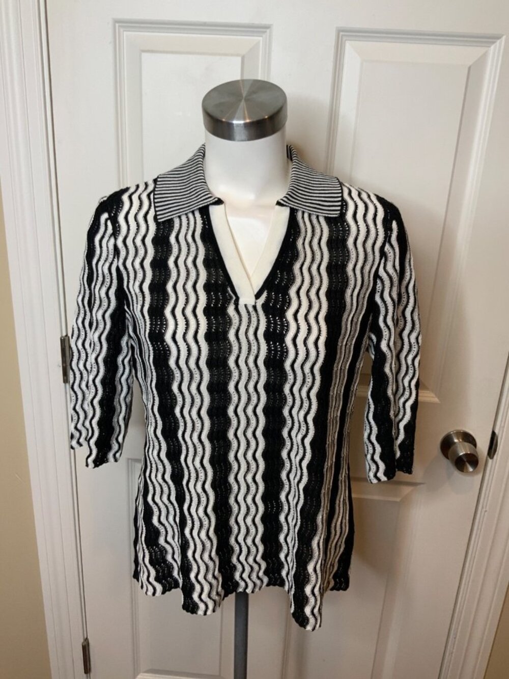 Misook Black & White Striped Loose Knit Semi-Sheer Collared Shirt, Size S